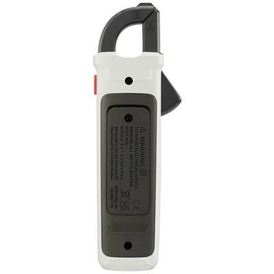 Rear view of a digital electricity meter with warning notices and technical specifications, grey handle, and hook clamp.