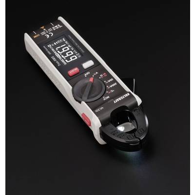 Digital multimeter with a clamp on a black background, displaying a reading of 1999. Suitable for voltage and current measurements.