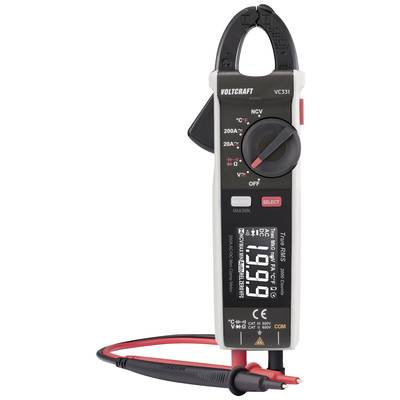 Digital multimeter with a black casing and red control knob. It measures various electrical values and displays them on an LCD screen.
