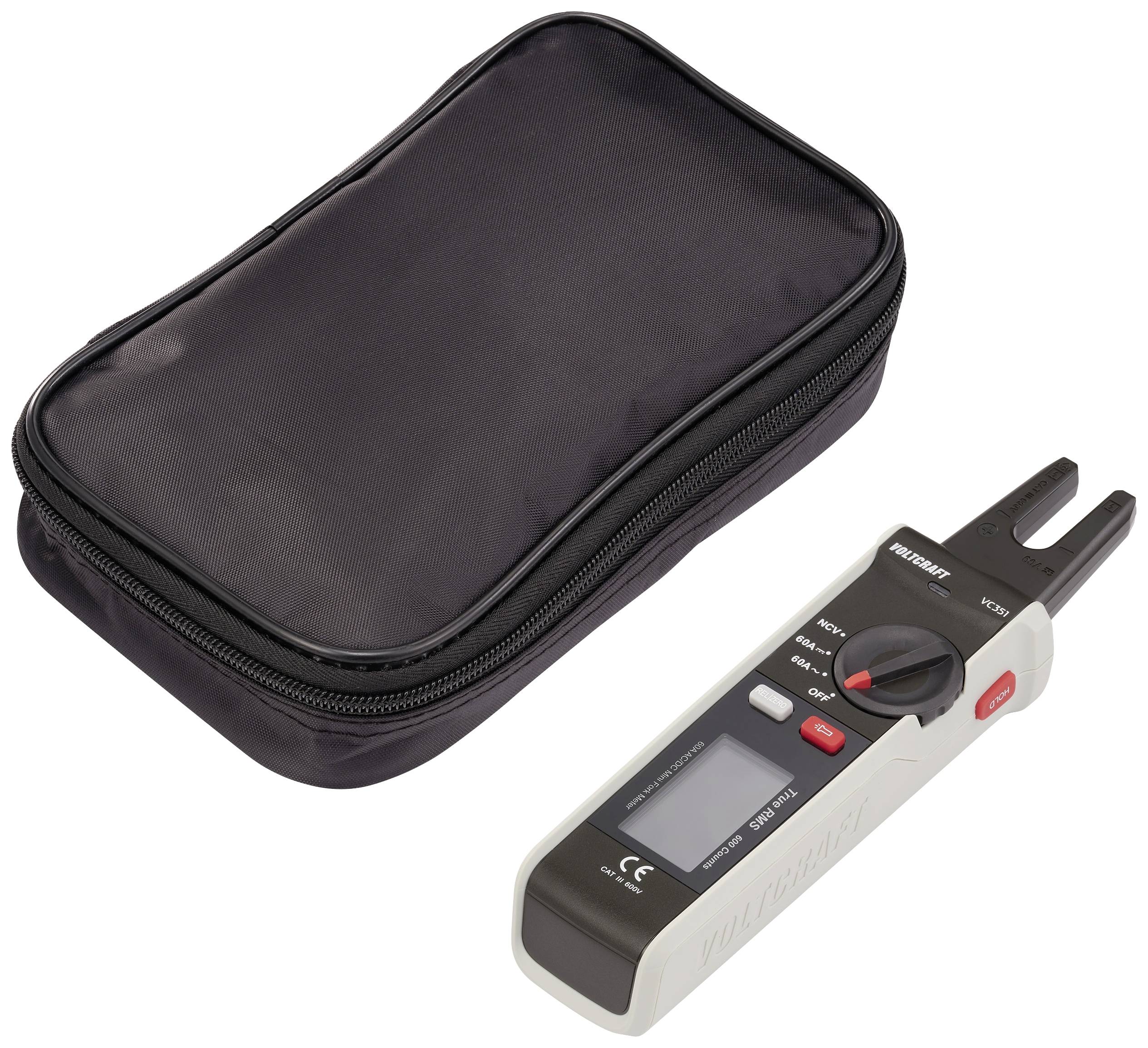 A digital voltage metre with display, buttons and a black carry case beside it.