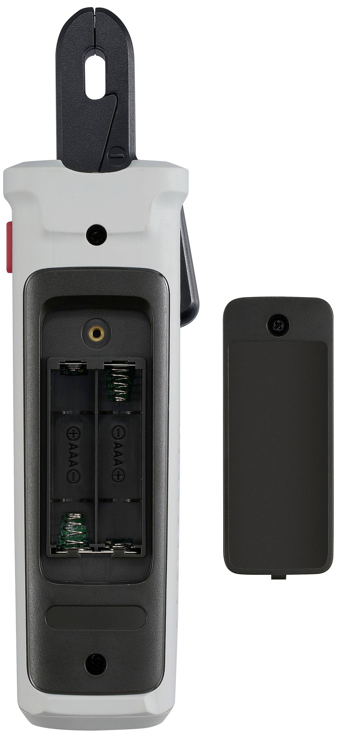 A device with an open battery compartment that accommodates two AA batteries. The cover of the compartment is shown beside it.