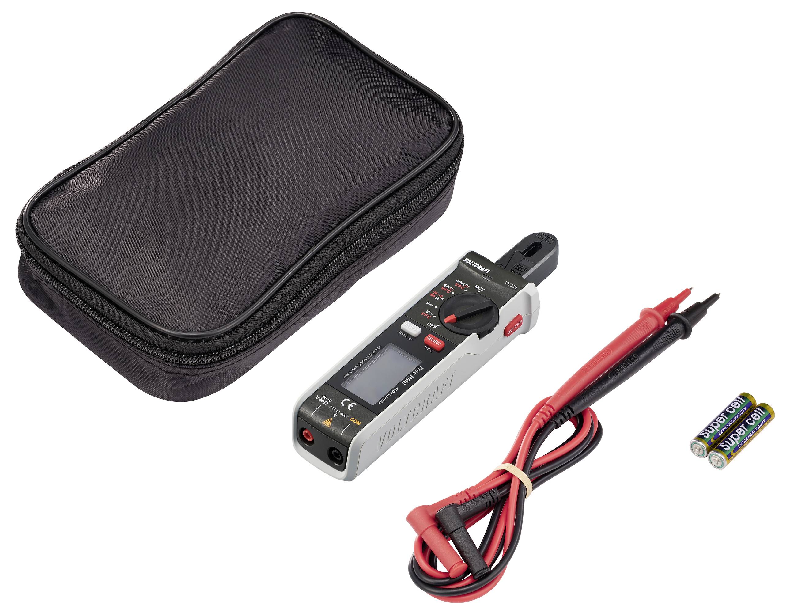 Digital Multimeter Set with Carry Case, Test Leads, and Batteries for Voltage and Current Measurement.