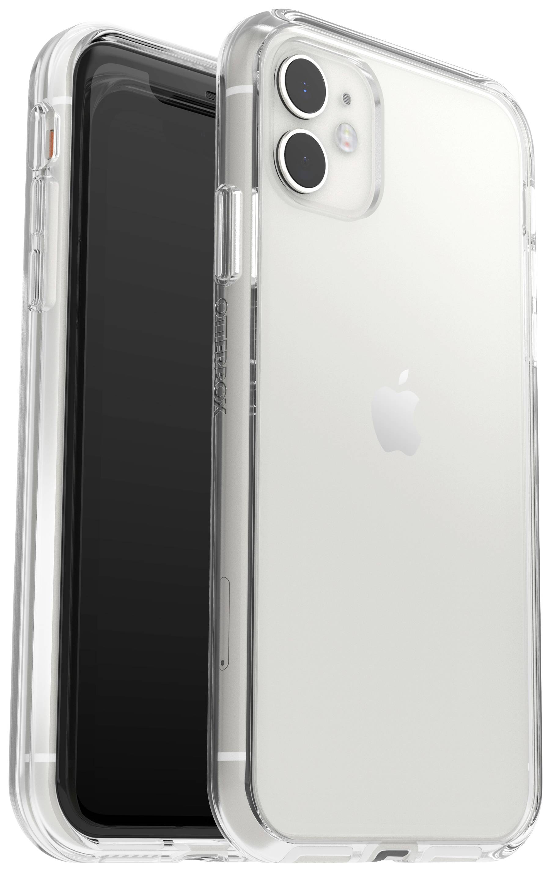 Transparent mobile phone case reveals the front and back of a smartphone with a distinctive bitten apple logo.