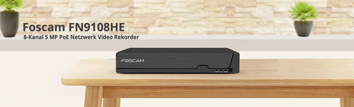 Network Video Recorder 'Foscam FN9108HE' on a wooden table. Text: '8-Channel 5 MP PoE Network Video Recorder'.