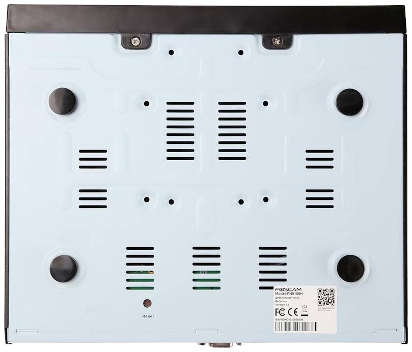 Rear view of a Foscam camera with multiple ventilation slots and a QR code. A reset button and CE certification are visible.