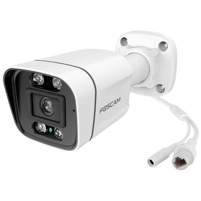 A white Foscam security camera with multiple small lenses and connection cables for outdoor surveillance.