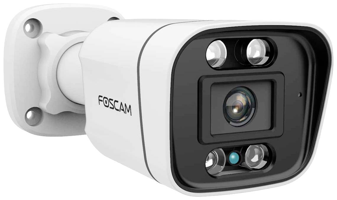 Security camera by Foscam, mounted on a wall. The camera has a modern, weatherproof design with multiple lenses and sensors.