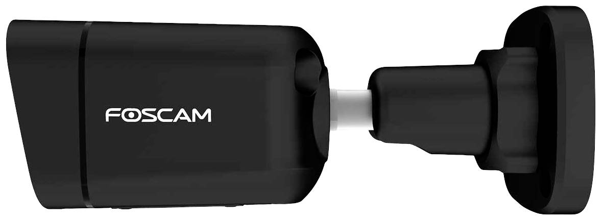 Black Foscam surveillance camera mounted on a wall bracket, suitable for security monitoring in indoor and outdoor areas.