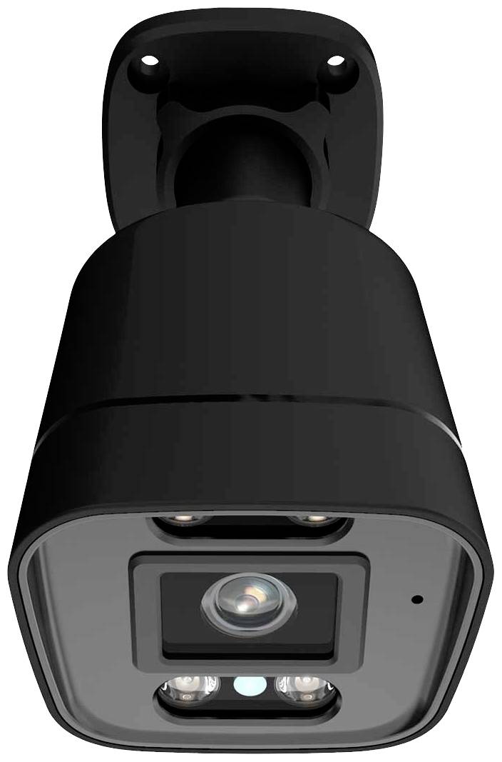Black surveillance camera with wall mount, showing lens and infrared lights.