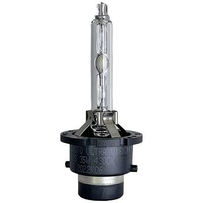 Light bulb with a clear glass tube and metal contacts, vertically positioned.
