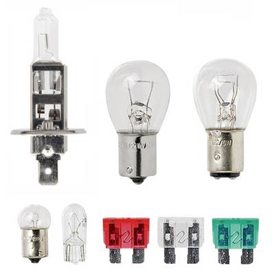 The image shows various car lights and fuses. Top left is a halogen lamp, next to it two incandescent bulbs. Below are three coloured fuses.