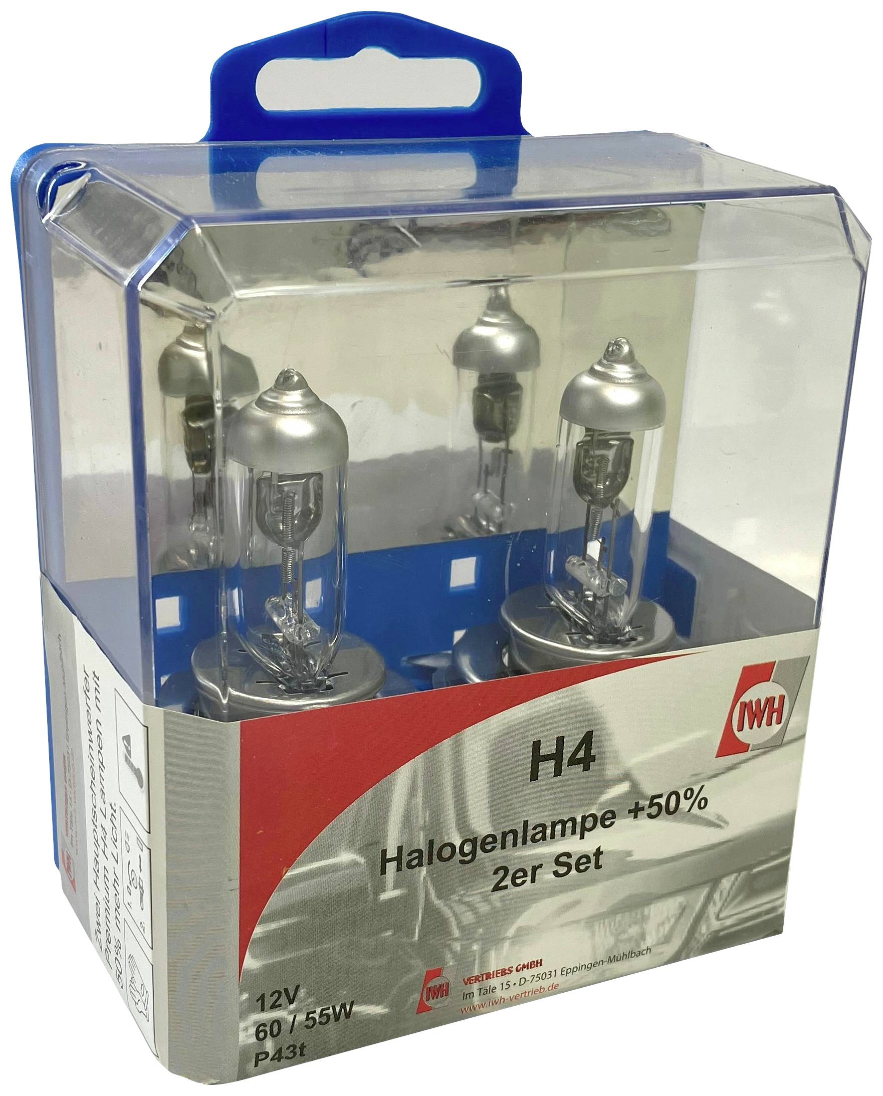 Packaging containing two H4 halogen lamps. Text on the packaging: 'Halogen Lamp +50%', suitable for 12V, 60/55W, 2-pack.