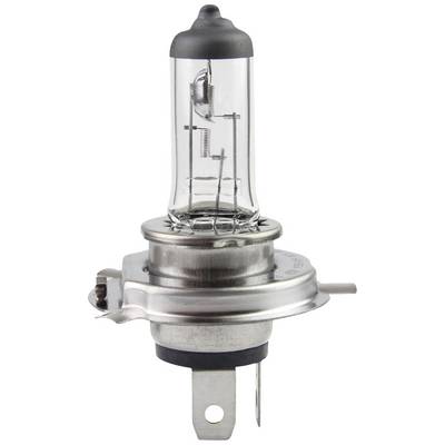 A clear halogen car headlight with a metal base and two contacts, standing vertically against a white background.