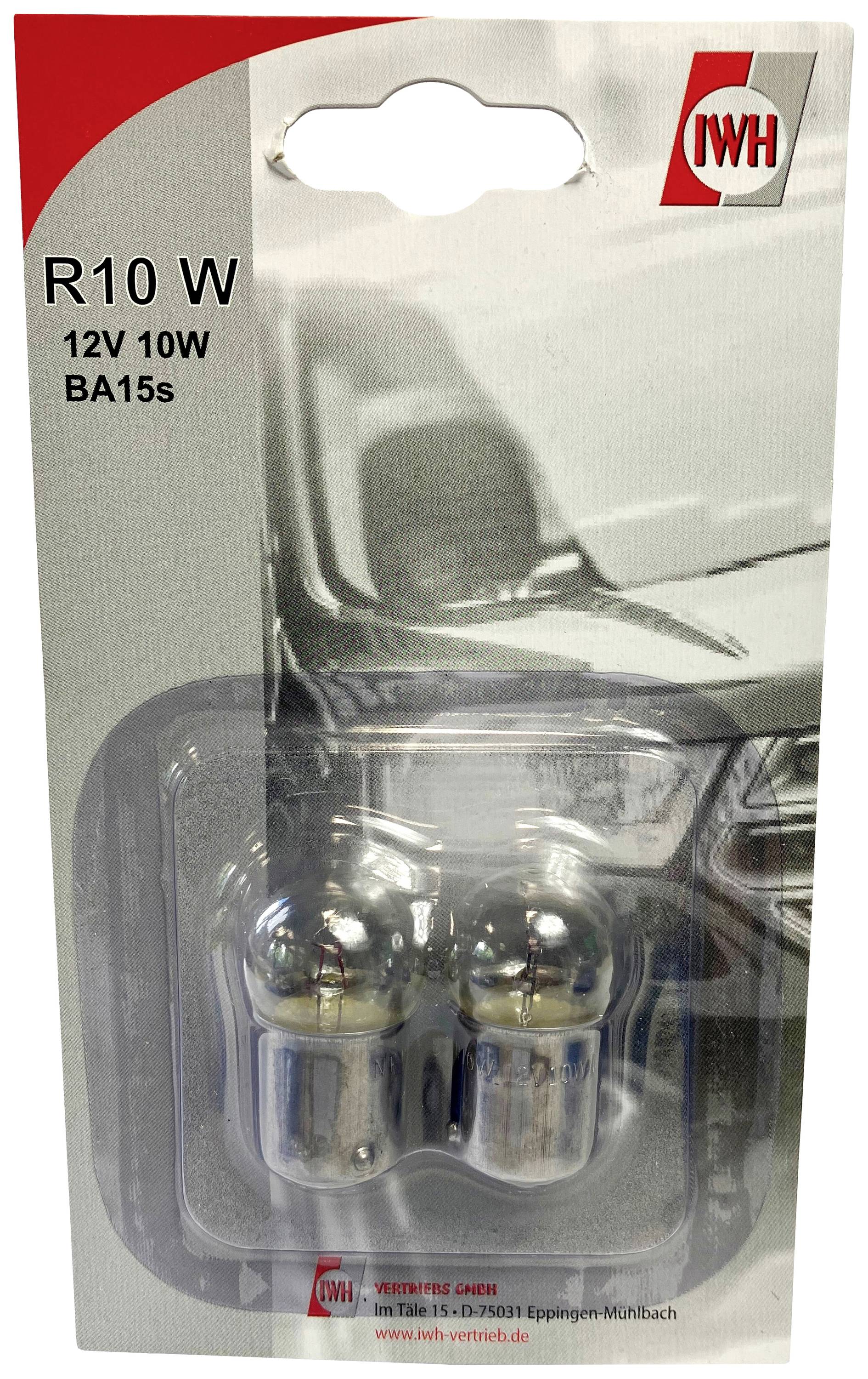 Packaging containing two automotive light bulbs, Type R10 W, 12V, 10W, BA15s base, pictured. Background shows vehicle headlight.