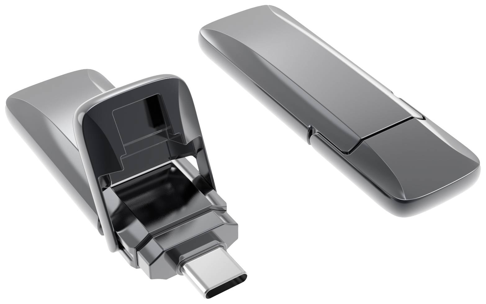 Two black USB-C adapters; one opened showing the connection, the other closed. Useful for rapid data transfer.