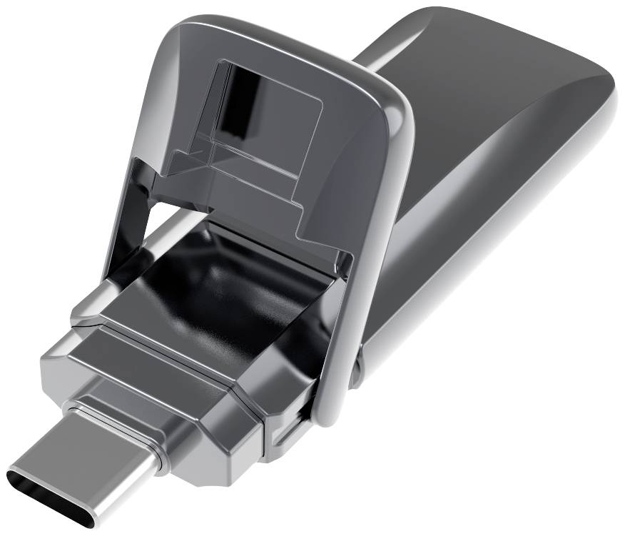 A black USB stick with a USB-C connection, which is open and shown from above.