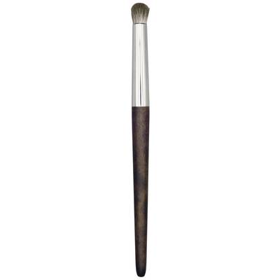 Makeup brush with a silver metal ferrule and brown wooden handle, used for precise application of makeup products.
