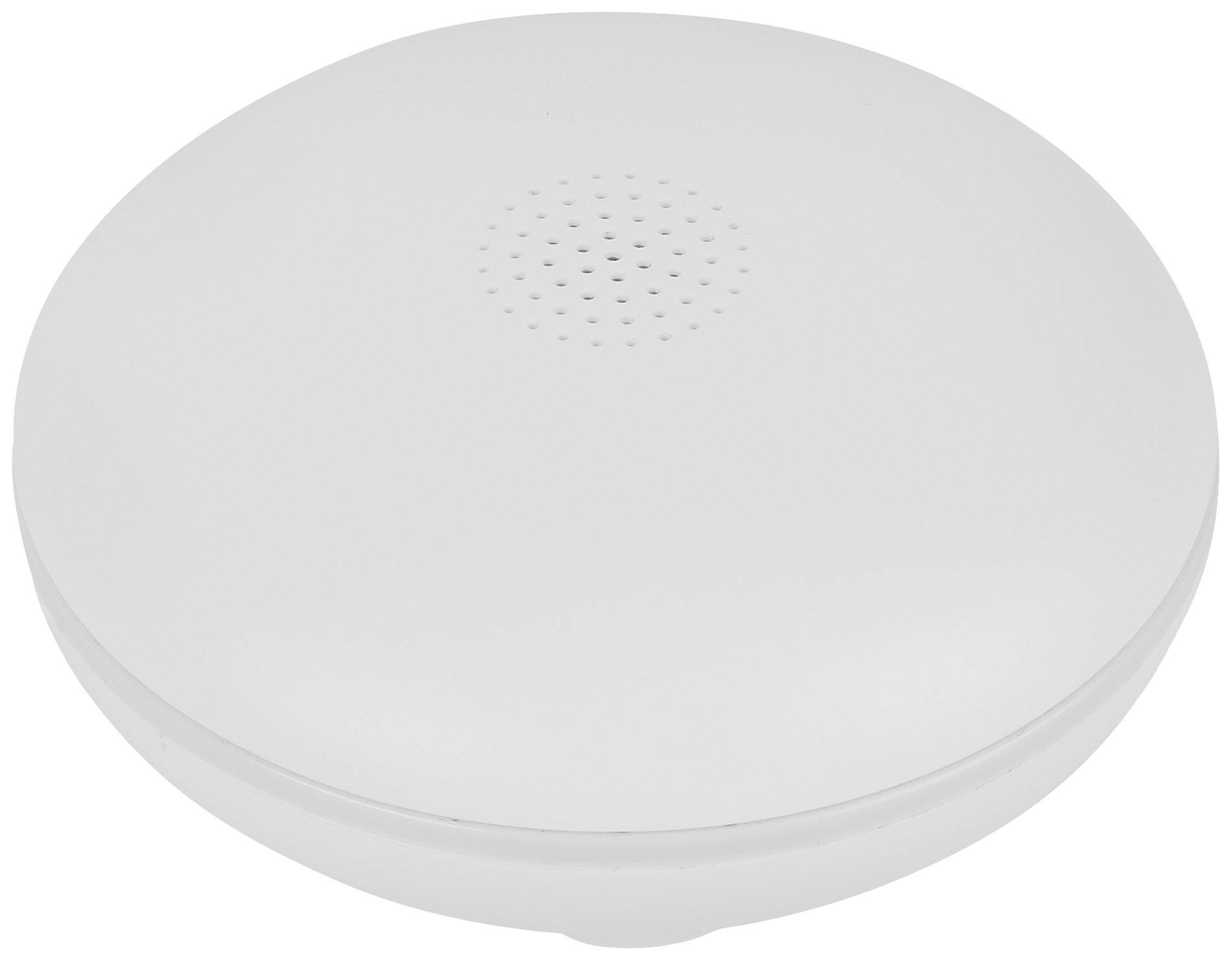 A white, circular smoke detector with a small hole opening on the top surface, designed for detecting smoke in indoor spaces.