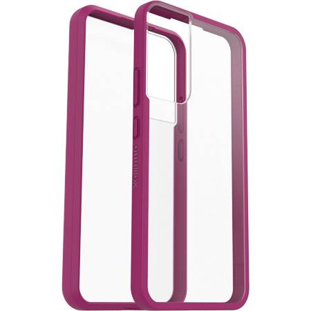 Magenta-coloured mobile phone case with a transparent back and cut-outs for the camera, volume buttons, and ports.