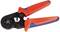 A crimping pliers with red and blue handles is shown in a close-up.
