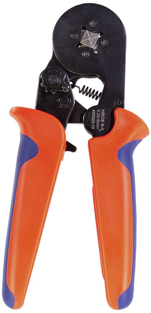 Crimping tool with orange and blue handles. Used for connecting cables and connectors.