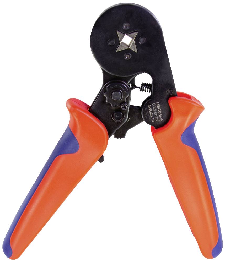 Hand crimping pliers with orange handles and a black head, suitable for crimping cables, lever mechanism visible, for industrial use.