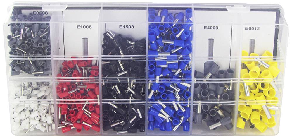 A compartment box with six sections, filled with multi-coloured cable end ferrules. Each compartment contains a different size and colour.