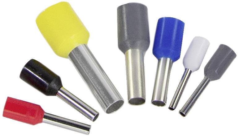 Several differently coloured wire end ferrules on a white background, varying in sizes, used for connecting cable ends.