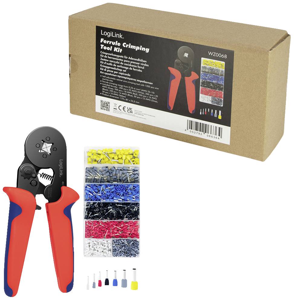 Pictured is a LogiLink set featuring a cable end ferrule crimping tool and various coloured cable end ferrules in a cardboard packaging.