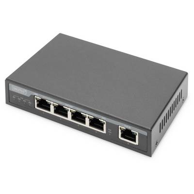 Compact black network switch with five Ethernet ports, suitable for use in small offices or home offices to connect network devices.