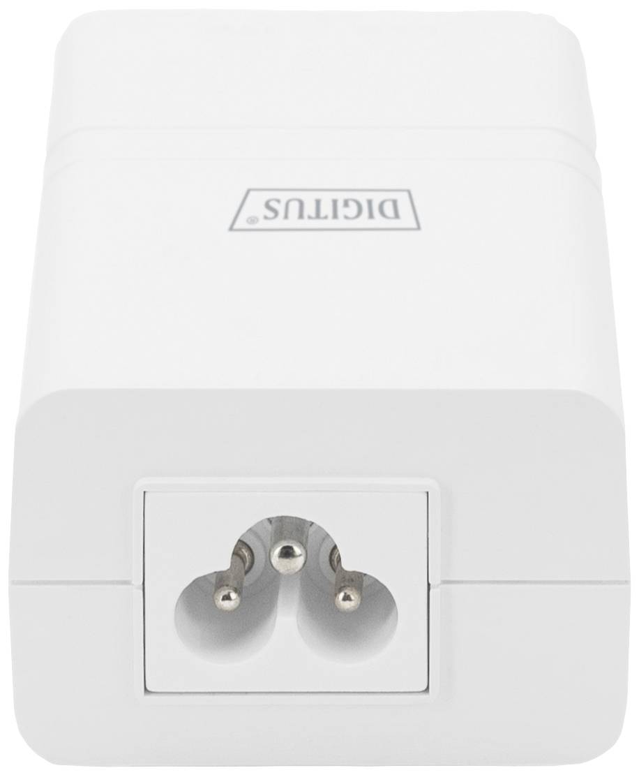 A white socket adapter with three round contacts. 'Digtus' is written on it in a grey frame.
