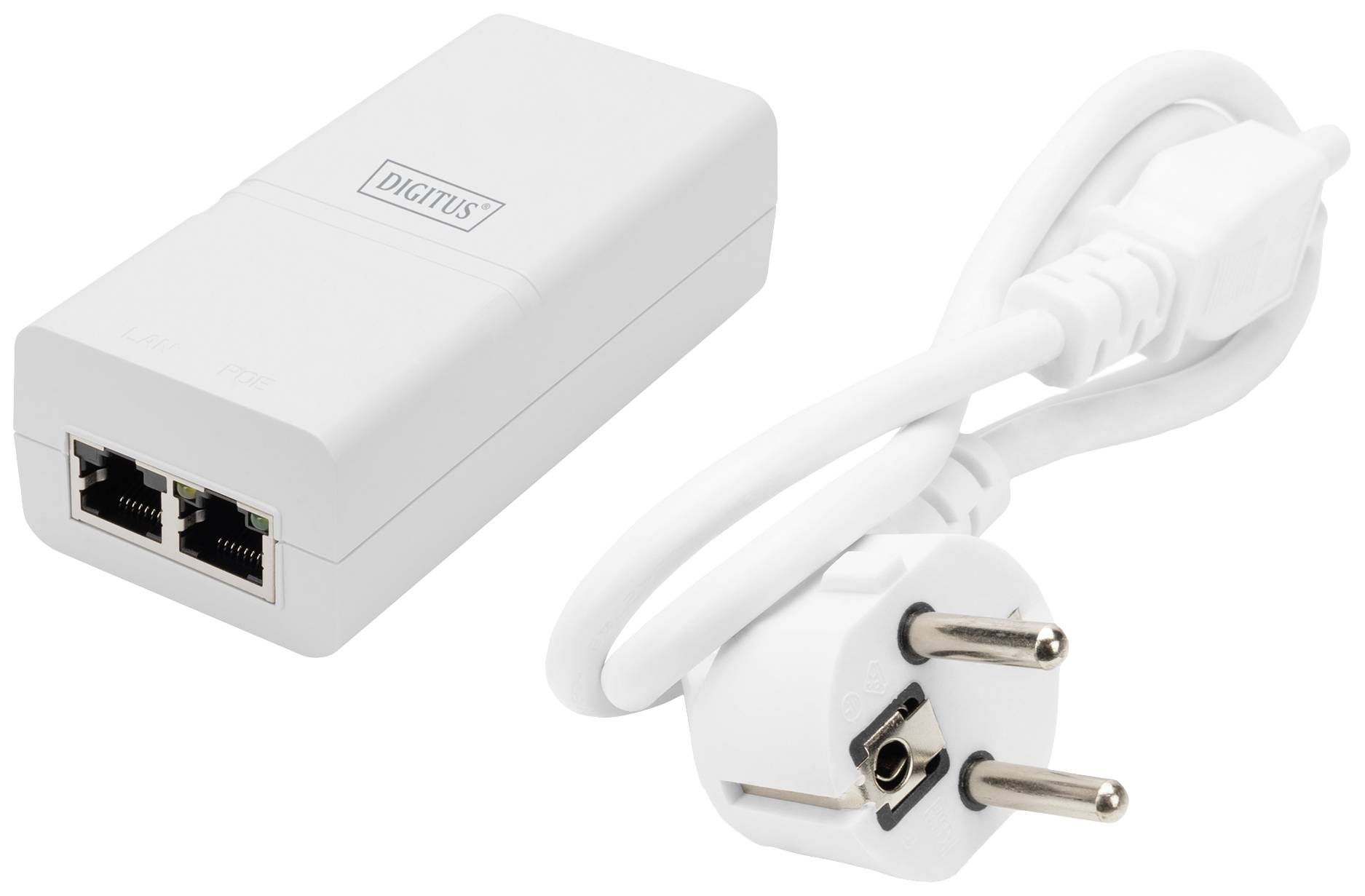 A white PoE adapter from Digitus with two Ethernet ports and a mains cable with a Schuko plug.