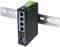 A black industrial Ethernet switch with four network ports is mounted on a metal rail.