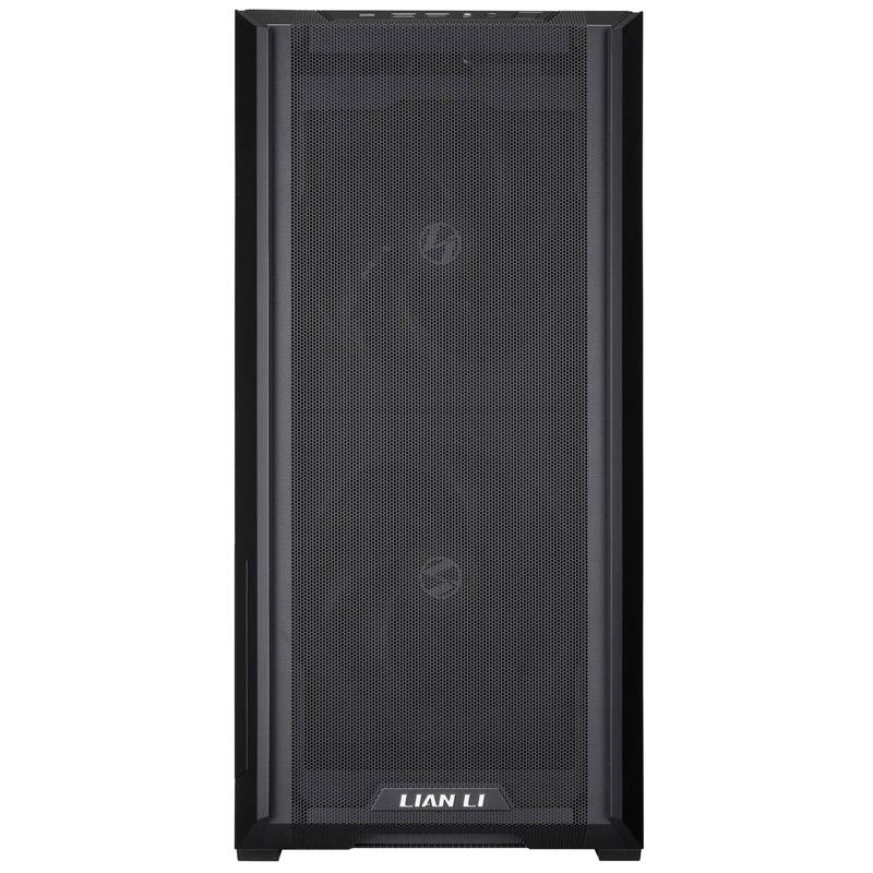 A black computer case by Lian Li with a mesh front panel. It has a clean, modern design.