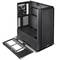 PC case in black without side panel. Visible are fan, expansion slots, and cable management options.