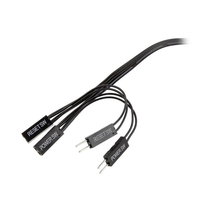 'RESET SW' and 'POWER SW' cable connectors for computer cases, black, 2-pin plug.