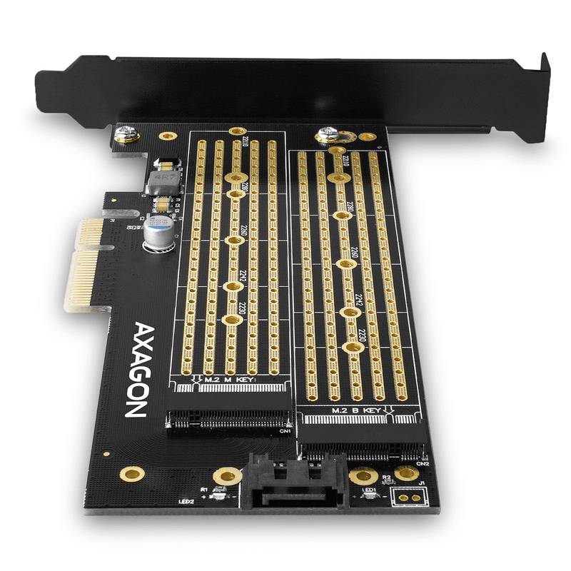 A PCIe card with two M.2 slots for SSDs. The card is black with gold contacts and the inscription 'AXAGON'.