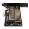A PCIe card with two M.2 slots for SSDs. The card is black with gold contacts and the inscription 'AXAGON'.