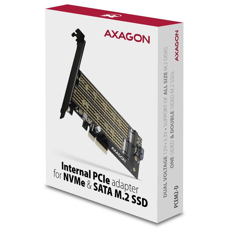 A packaging from Axagon featuring an internal PCIe adapter for NVMe and SATA M.2 SSDs, with the adapter shown in the image.