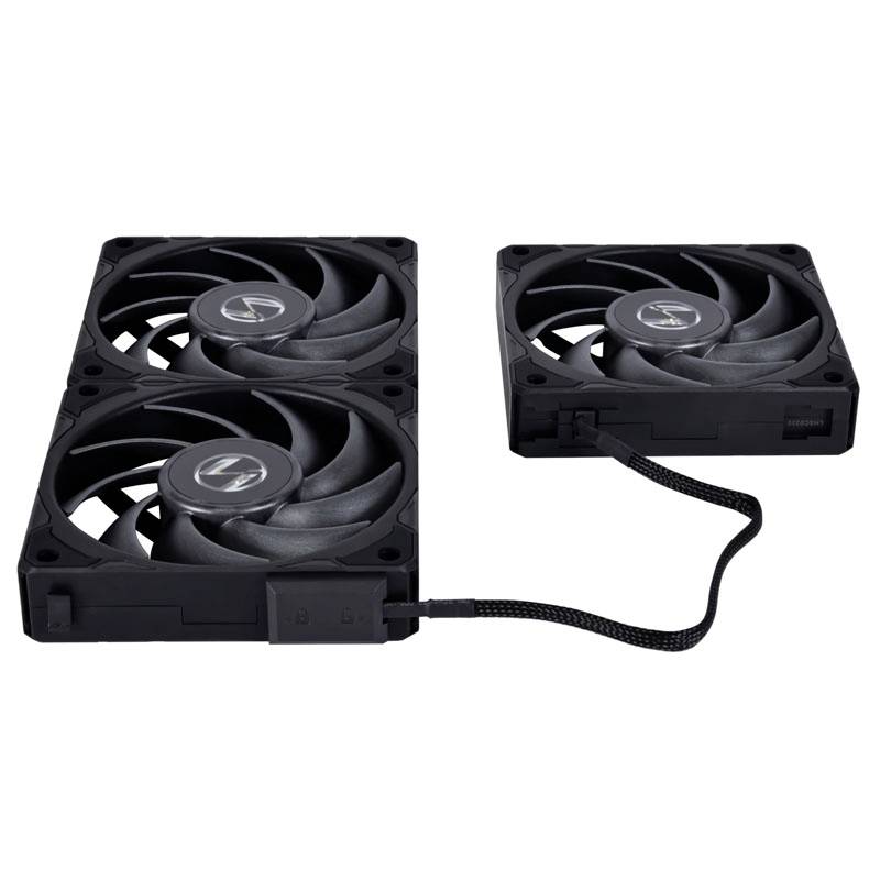 Two black computer fans, one with two rotors, the other with a single rotor. The fans are connected by a cable.