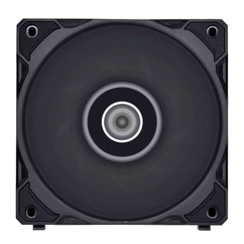 A black computer fan with circular patterns in the centre, surrounded by four screw holes in the corners.