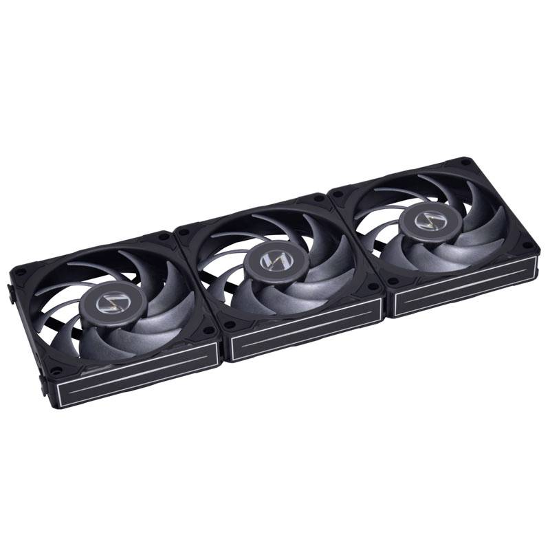Three black computer fans arranged side by side, each with a silver logo in the centre. They are designed for cooling purposes.