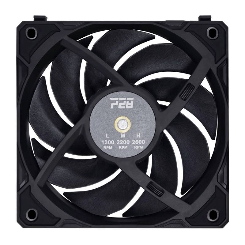 A black computer fan with multiple speed levels (1300, 2200, 2600 RPM), displayed on the central section.