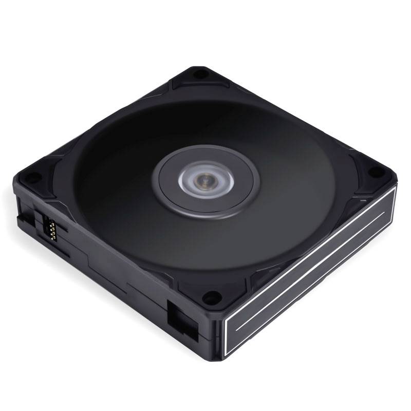 A black, square fan with a central circular opening and four mounting holes at the corners. Suitable for computer hardware.