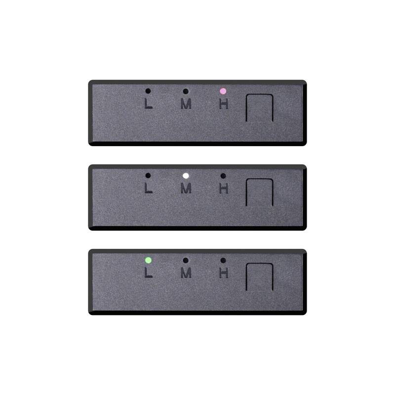 'Three horizontal black control panels with buttons: L, M, H. Pink light on top at H, green light at the bottom on L.'