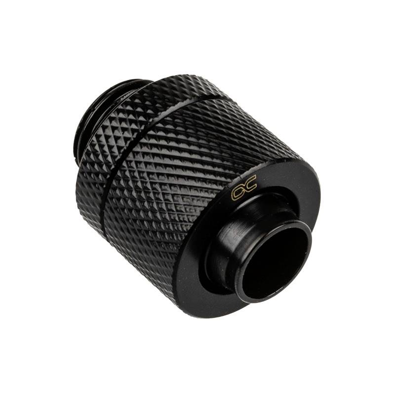 A black, cylindrical connection adapter with a knurled surface. Used for connections in piping systems.