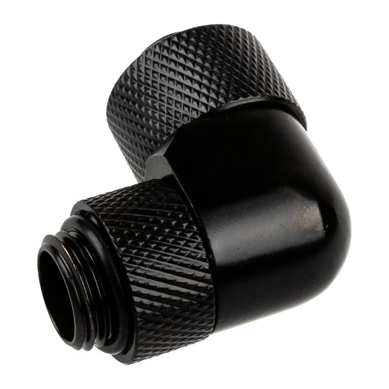 A black metal angle adapter with a ribbed surface, suitable for connecting pipes or hoses in a water cooling system.