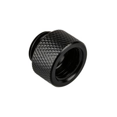 A black metal adapter with a knurled surface, cylindrical shape and internal threading. Suitable for hose connections.
