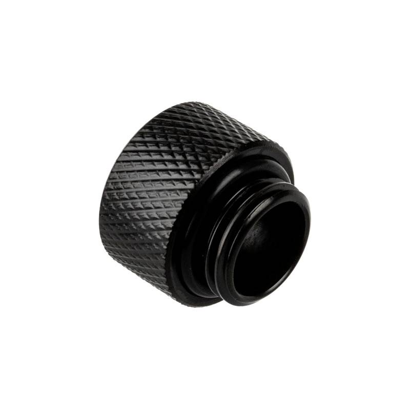 Black, knurled metal connector, likely for pipe or hose connections.