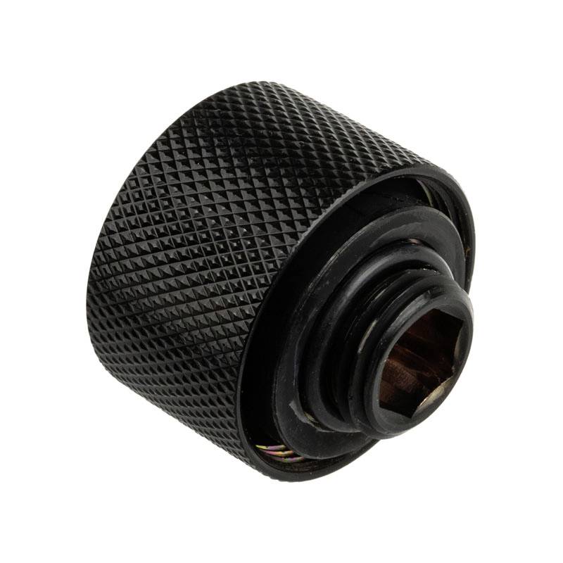 Black, ribbed metal connector, possibly a pipe fitting or adapter, with a visible internal thread.